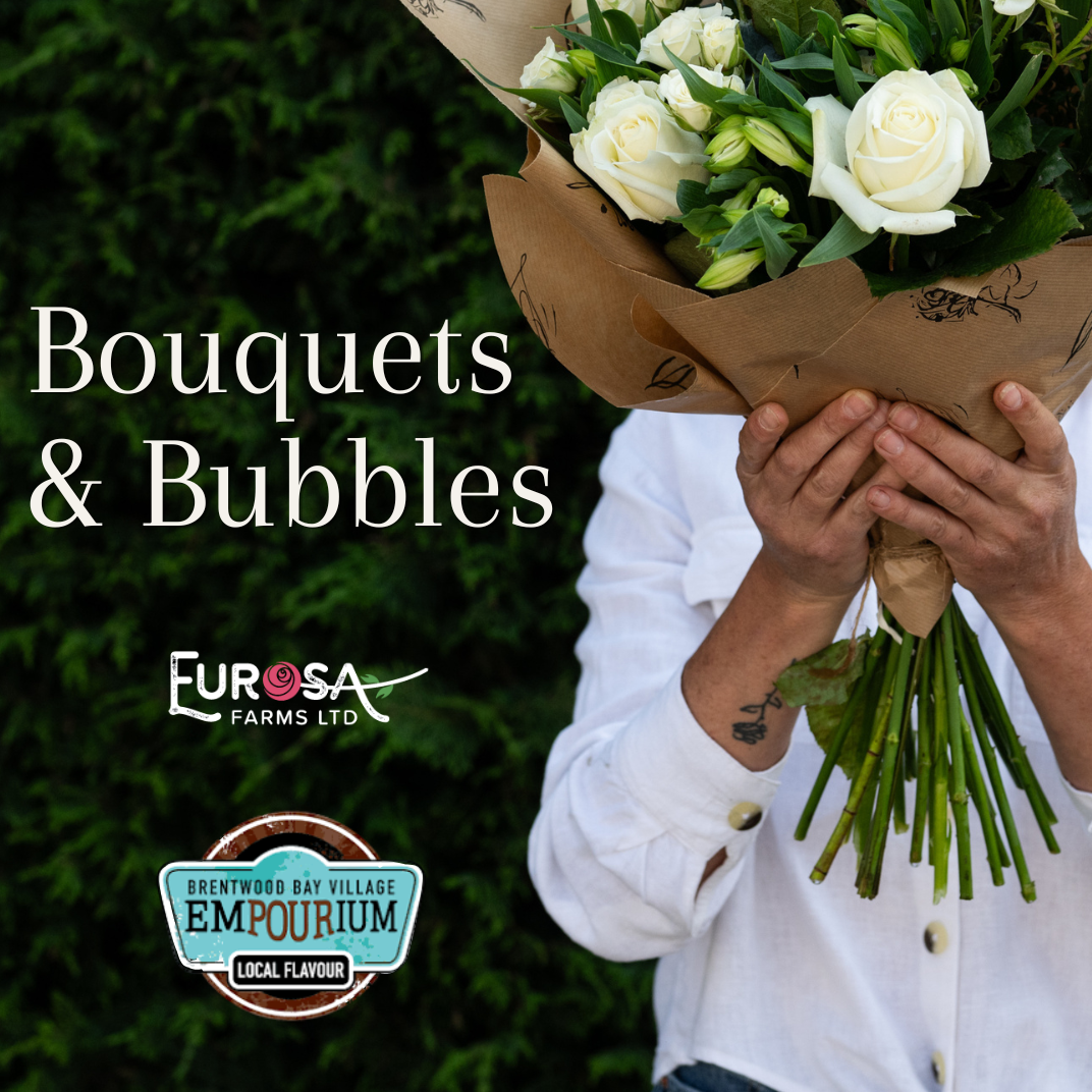 Person holding a bouquet of white flowers with Eurosa Farms and Empourium branding.