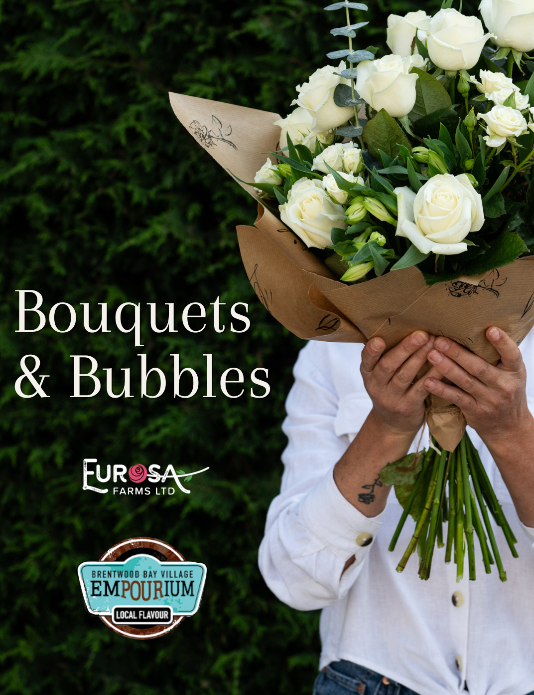 Person holding a bouquet of white flowers with Eurosa Farms and Empourium branding.