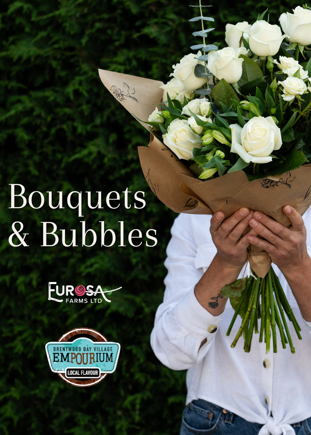 Person holding a bouquet of white flowers with Eurosa Farms and Empourium branding.