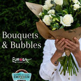 Person holding a bouquet of white flowers with Eurosa Farms and Empourium branding.